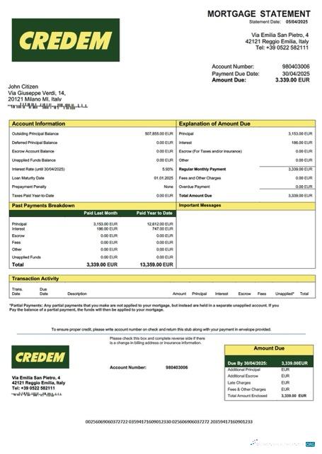 Download Italy Credito Emiliano mortgage statement Word and PDF template Photoshop template